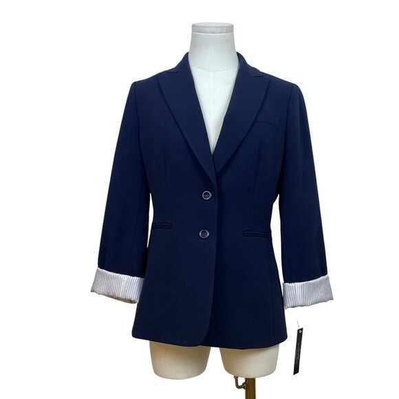 Tahari Womens Navy Two-Button Blazer Jacket Pinstriped Lining Size 2 - Picture 1 of 8